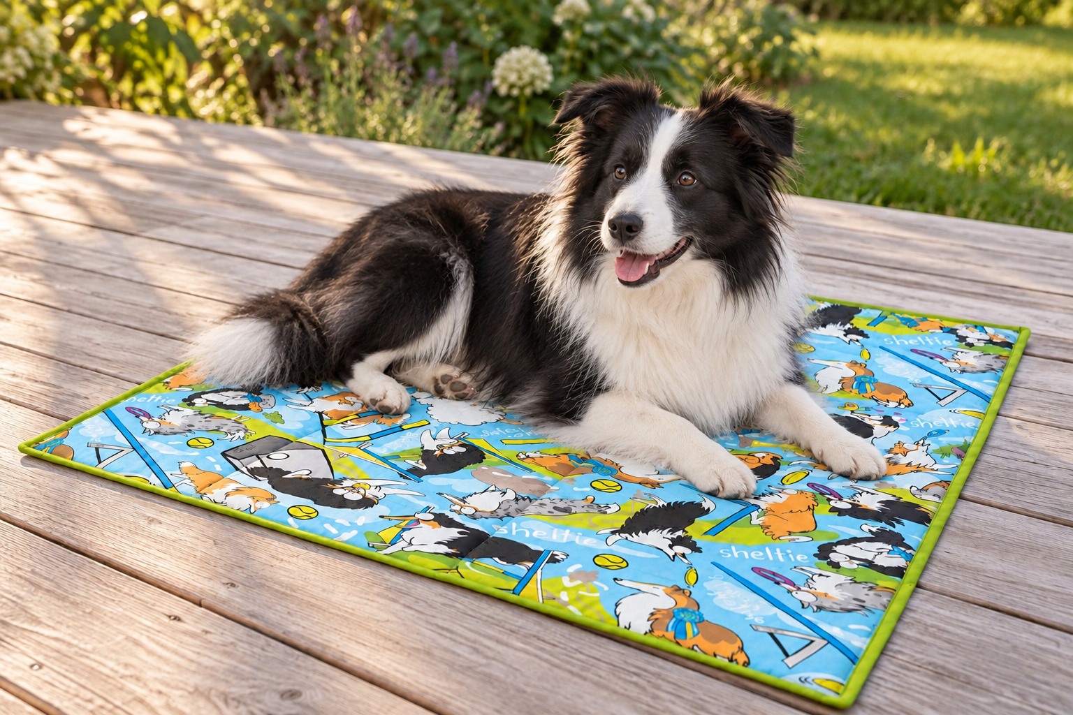 Border collie pihen a mintás utazóágyon egy teraszon – ideiglenes illusztráció