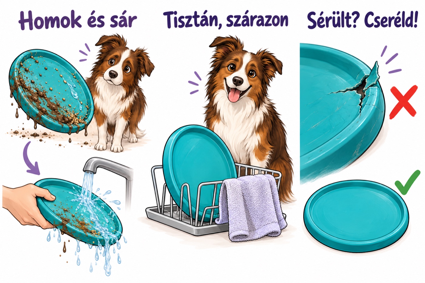 Rajzolt útmutató: a homokos, sáros frizbit leöblítjük, a tiszta korongot megszárítjuk, a repedt, éles peremű korongot lecseréljük.