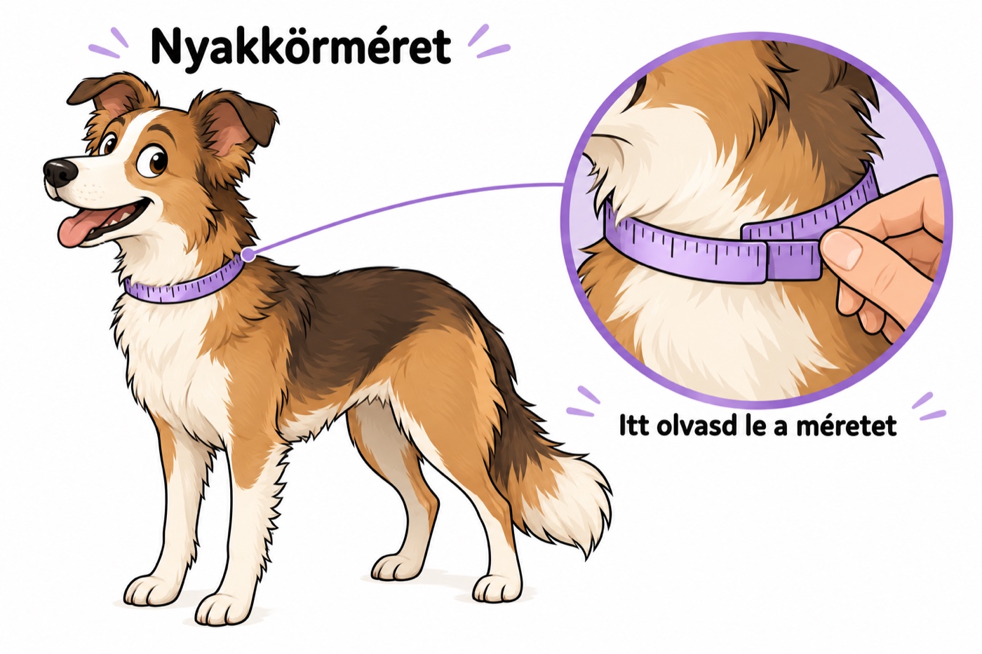 Rajzolt kutya, a nyakörv helyén körbefutó lila mérőszalaggal. A nagyított részlet a mérőszalag találkozásánál mutatja a leolvasás helyét.