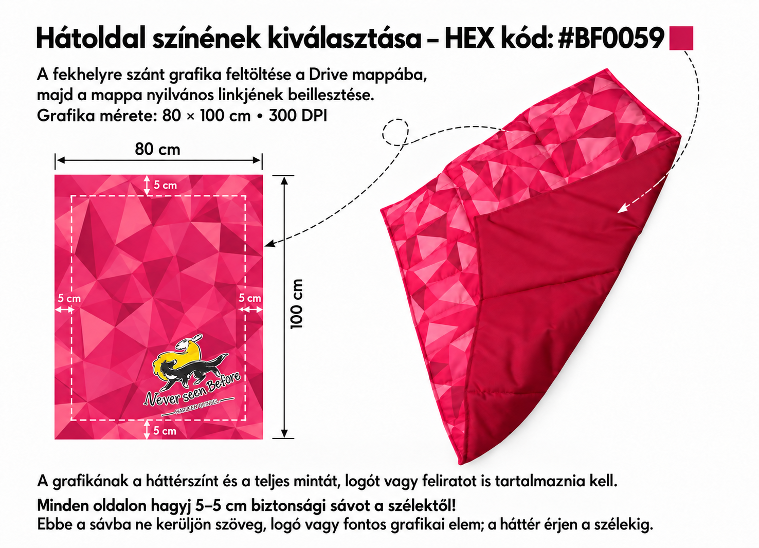 Utazó fekhely grafikai útmutató: 80x100 cm, 5 cm biztonsági sáv